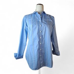 Talbots Women's Petite Blue White Strip Collared Long Sleeve Button Down Shirt S